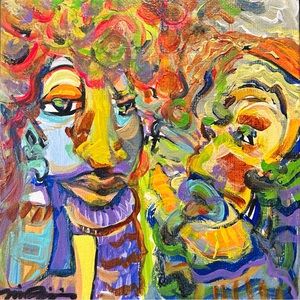 Abstract pair couple expressionist style acrylic painting 5x5” square glossed